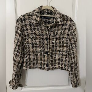 ZARA Cropped Tweed Jacket Beige & Black Size M